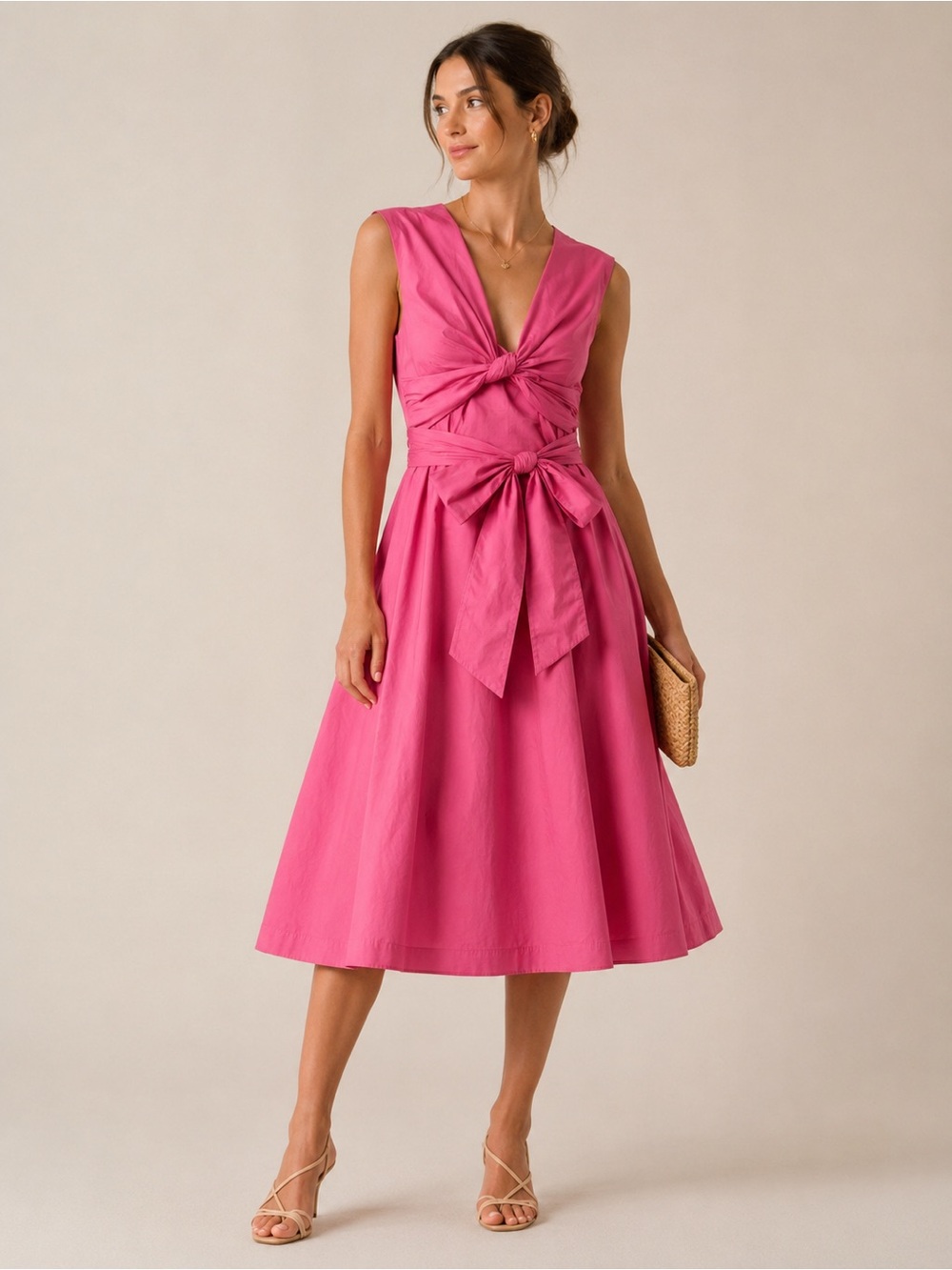 J.Crew Pink Cotton Bow Fit Flare Midi Dress Size 8P wedding guest dress